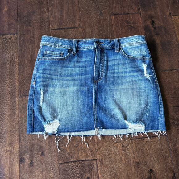 Eunina Medium Aubree Mid Rise Mini Skirt Blue Denim Distressed Raw Hem - Picture 1 of 8